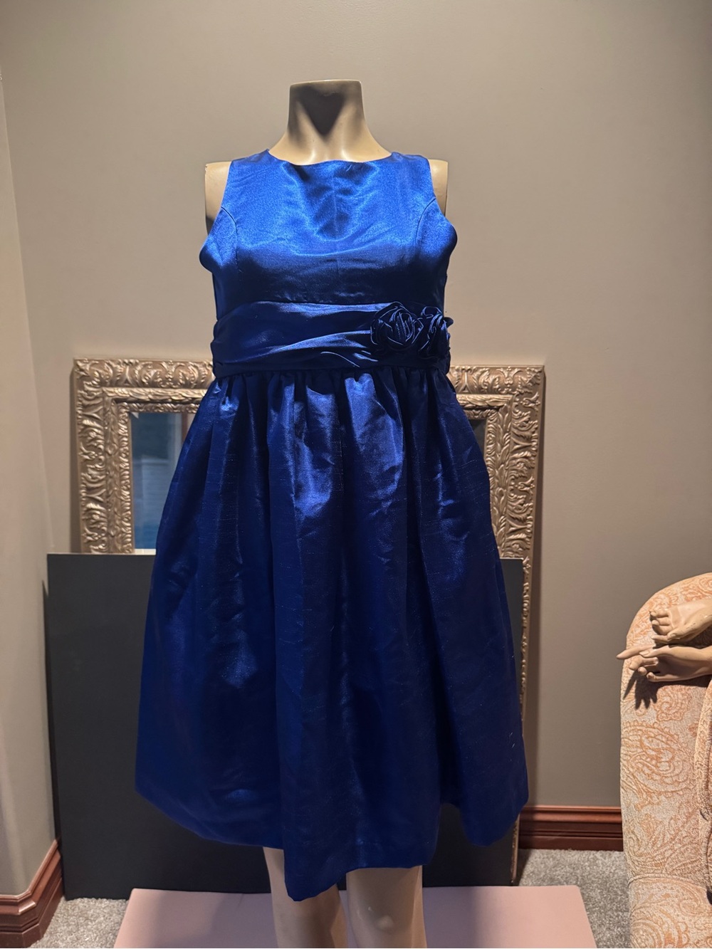 Chaps Royal Blue Satin A-Line Flower Sash Dress